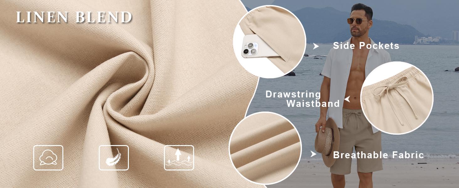COOFANDY Men's Linen Shorts Casual Beach Shorts 9 inch Inseam Elastic Waist Drawstring Summer Shorts