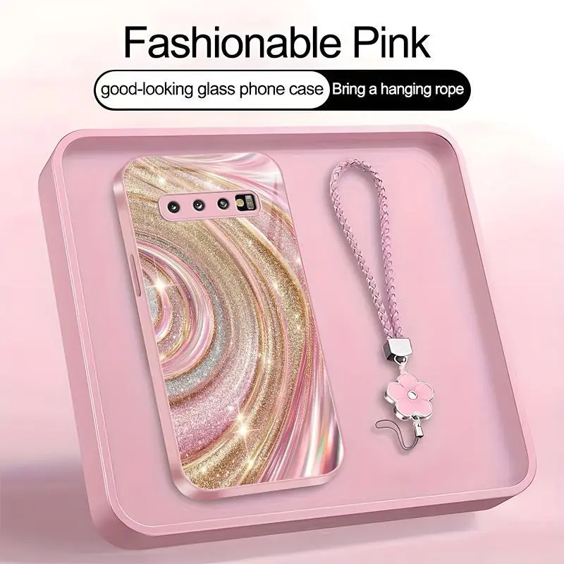 Luxury Rose Gold Swirl Smartphone Casing, Glitter Pink Art Aesthetic Cellphone Case with Flower Lanyard for Galaxy S10 - Mobile Phone Accessories - 975