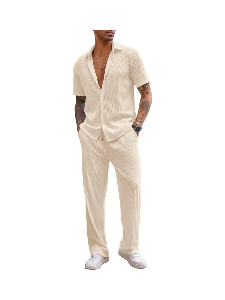 Coofandy Men's 2-Piece Outfit - Beige Button Down Shirt & Loose Fit Pants - Casual Summer Sets - Breathable & Comfortable - Perfect for Beach & Party