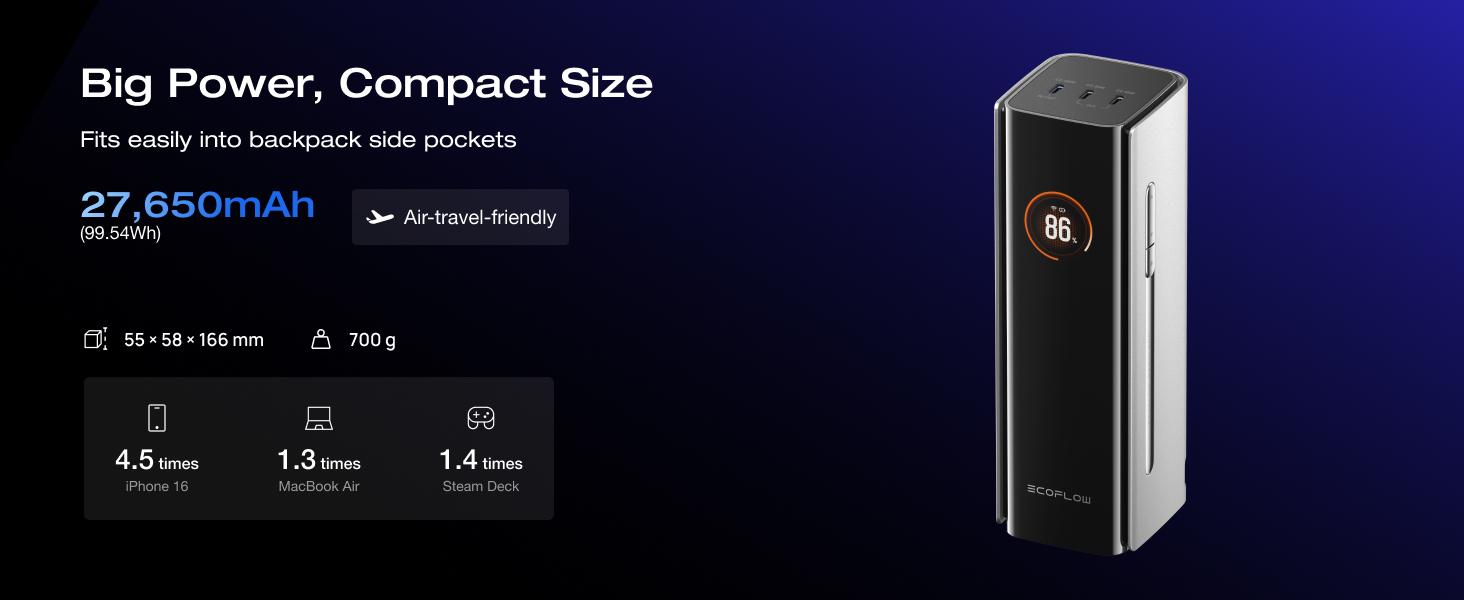 【Exclusive TikTok Gift】ECOFLOW Rapid Pro Power Bank (27650mAh, 300W Max Output, 140W Built-in Cable), 4-Port Portable Charger, TSA-Approved, Up to 320W Recharge, Compatible with MacBook, iPhone 17/16/15, Galaxy, Laptop