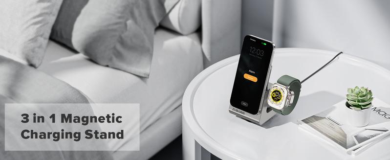 3-in-1 Wireless Charging Station with Removable 5000mAh Magnetic Power Bank for iPhone 12/13/14/15/16 Series, AirPods iWatch Series Wireless Charger