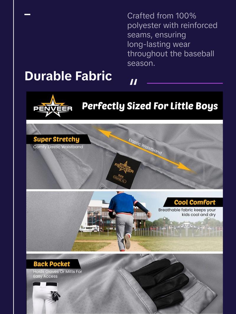 Penveer Pull-Up Youth Baseball Pants, Quarter Open Fly Boys Baseball Pants with Durable Snap & Elastic Bottom, T Ball Pants - (Grey)