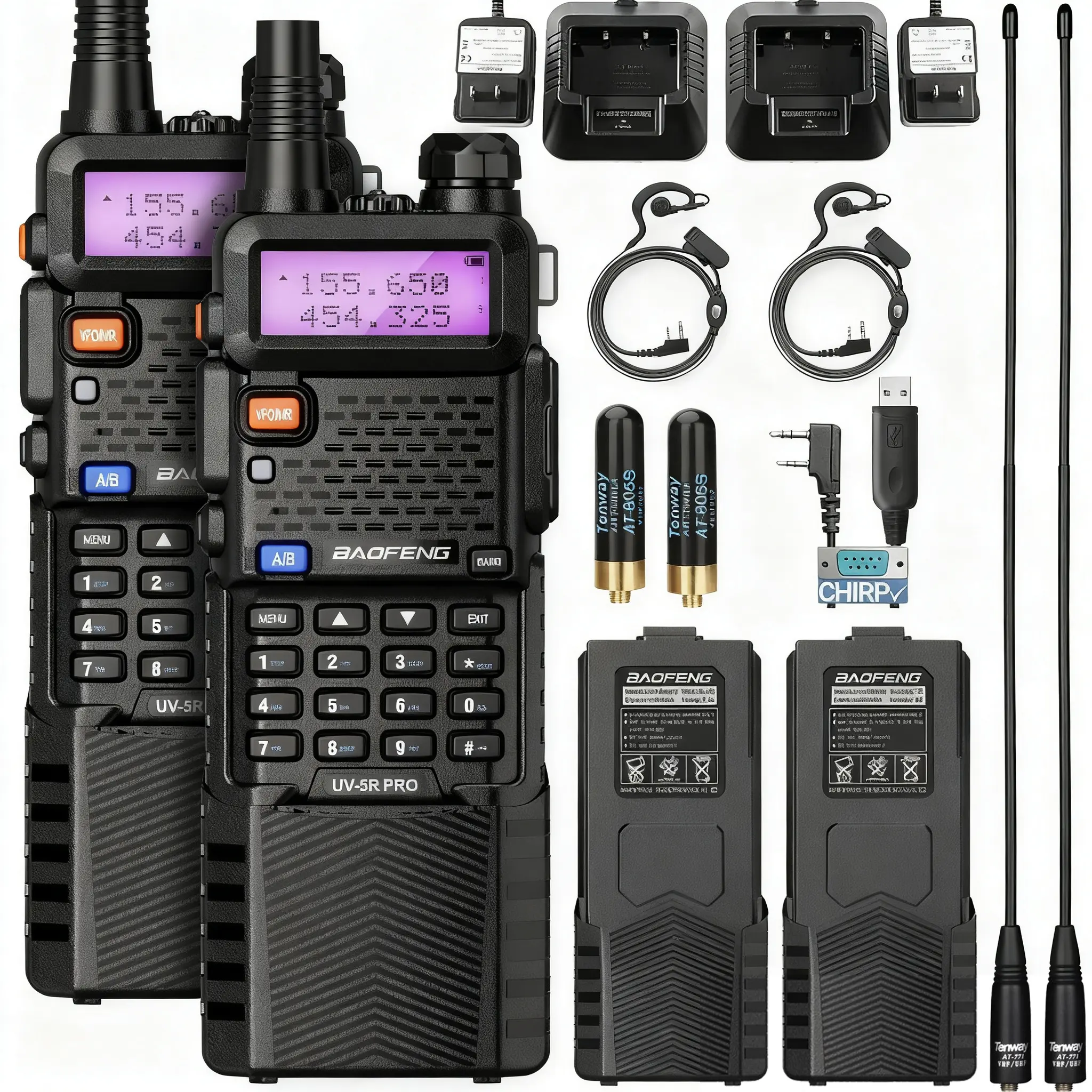 Baofeng UV-5R Pro 8W Handheld Ham Radio Walkie Talkies Kit (2-PCS) - 5mile Long-Range Dual Band VHF/UHF Wireless Radio Kit, 128 Channels, 3800mAh Rechargeable Batteries, Included Earpiece, 2-Way Wireless