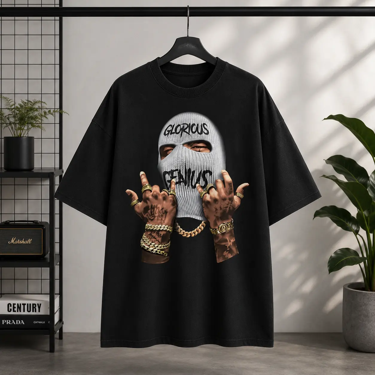 Men's Oversized Graphic T-Shirt | Vintage Balaclava Mask Print Streetwear Tee | Hip Hop Urban Casual Short Sleeve Cotton Shirt | Relaxed Fit Everyday Top