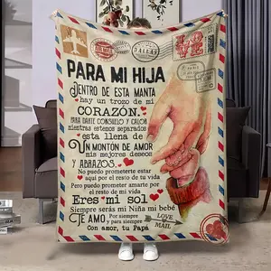 A Spanish Valentine's Day letter: papa gives a blanket to his daughter, papa & mama give Valentine's Day gifts to son & daughter. A soft and comfortable flannel blanket, perfect for various occasions, a Valentine's Day gift.