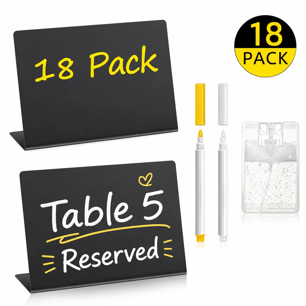 18-Pack 4"x3" Matte Black Mini Chalkboard Signs - Durable Tabletop Kitchen Food Labels with Vintage Charm & Elegance, Easy to Write and Erase, Includes 1 Cleaning Spray & 2 Markers (for Bakeries, Home Gatherings)