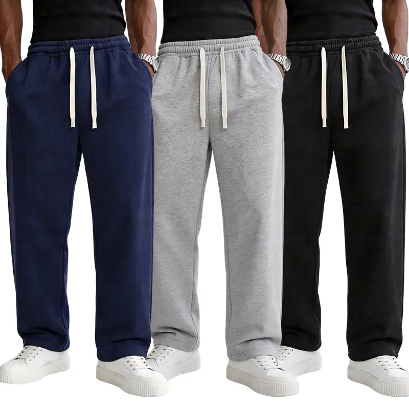 Men's Plain Baggy Polyester Soft Fleece Sweatpants - Streetwear Casual Bottoms with Adjustable Drawstring Waist, Long Uncuffed Open Hem Legs, XL Size