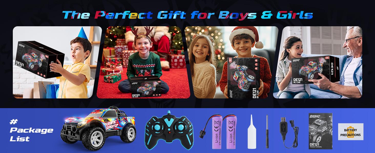 DEERC RC Monster Truck Gift, Remote Control Drift Car with Spray, Lights & Music, 2.4GHz All Terrain Stunt Truck with 40 Mins Playtime, 2 Batteries