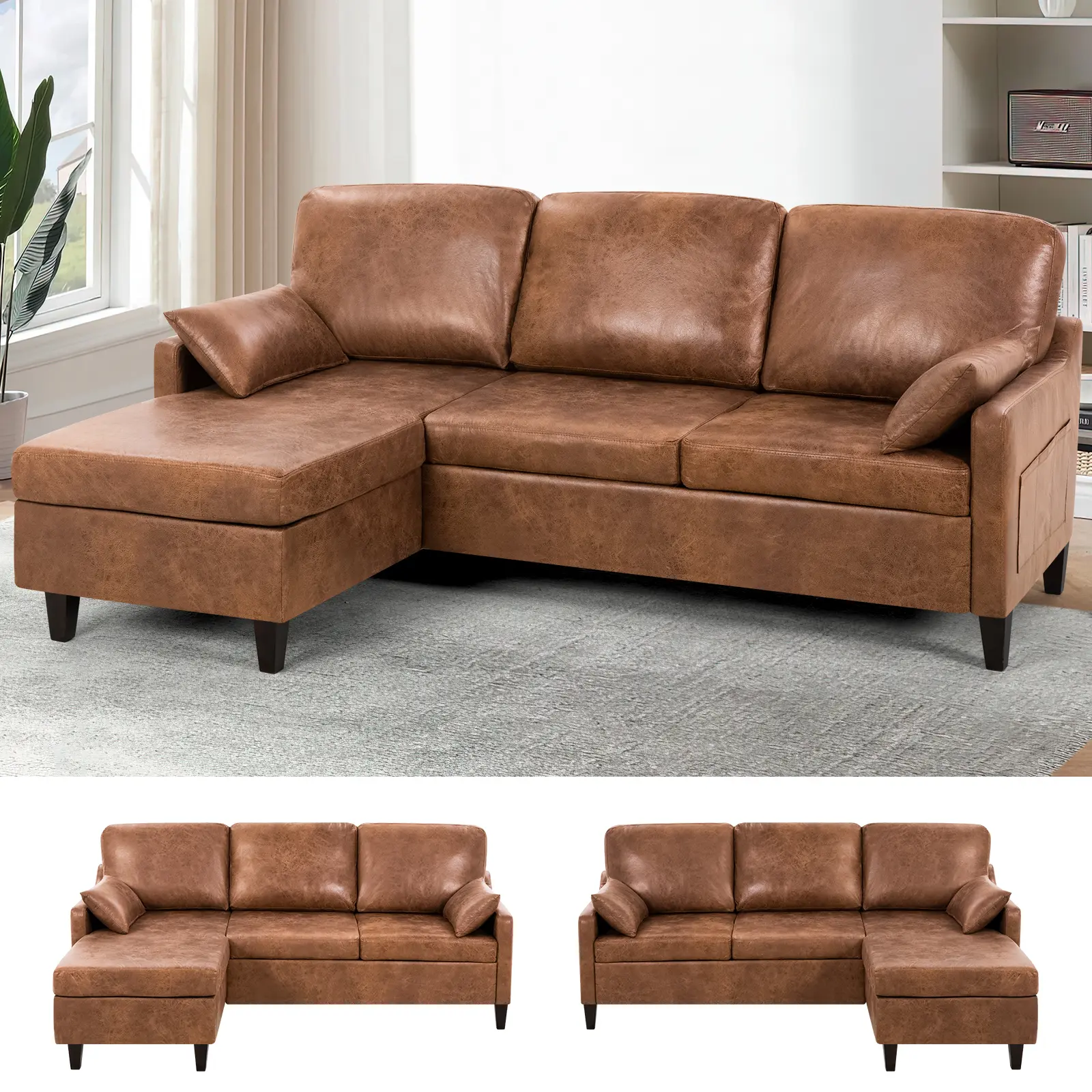 ACMEASE Modern 76in L-Shaped Sectional Sofa - 3-Seat Fixed-Arm Couch with Reversible Layout, Suede Leather Chaise, USB Charger Ports, Hidden Bag for Small Items, Assembly Required for Small Living Rooms