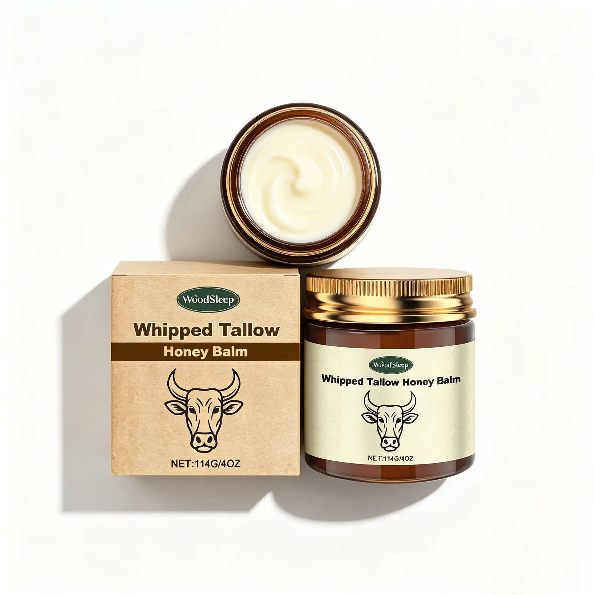 WoodSleep Organic Grass-Fed Beef Tallow Honey Balm Whipped Cream - Face & Body Moisturizer with Shea Butter, Deep Hydration for Dry Sensitive Skin, Reduces Fine Lines & Wrinkles