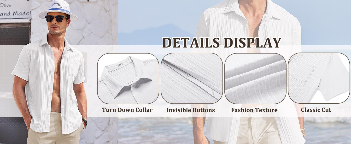 Coofandy Men's Casual Button Down Shirt - Navy Blue Textured Short Sleeve Fitted Collared Neck Summer Beach Top for Men - Canvas Coofandy Men's Casual Button Down Shirt - Navy Blue Textured Short Sleeve Fitted Collared Neck Summer Beach Top for Men - Canvas