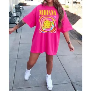 Pink Nirvana Smile Face Shirt – Hot Pink 90s Band Tee, Y2K Preppy Graphic Shirt, Trendy Nirvana Outfit for Women
