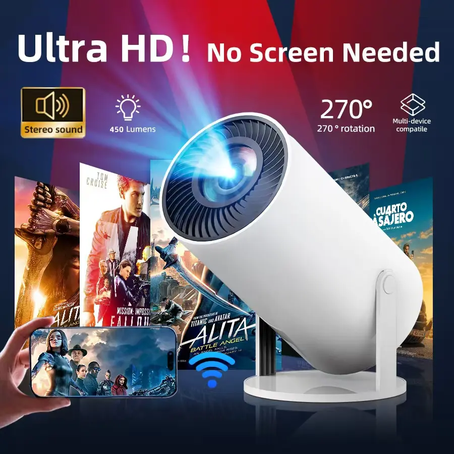 2026 Portable Smart Mini Projector -450 ANSI Lumens, Auto Keystone Correction, 5W Built-in Speaker, Dual WiFi 6, Wireless BT 5.4, Android Native for Indoor, Backyard Camping Use | Home Cinema Projector for TikTok Shop Spring