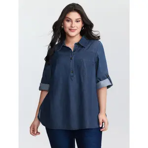 BLOOMCHIC Plus Size Supersoft Button Down Pockets Denim Jacket [M-6X] 2026 Summer Vibes