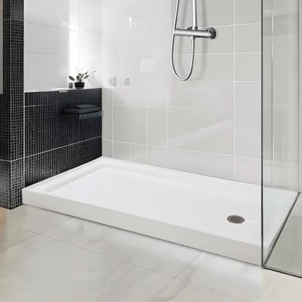 Glossy White Low-Profile 32x60in Rectangular Shower Base - Single Threshold, Left Drain, Resin-Infused Acrylic Pan with 304 Stainless Steel Black Cover, 2,500 lbs Load Capacity