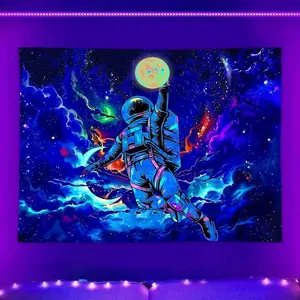 Astronaut Pattern Fluorescent Tapestry, 1 Count Dark Themed Light Tapestry, Cool Milky Way Space Starry Sky Tapestry, Living Room Bedroom Aesthetic Decor Wall Hanging, Tapestry Wall Mural