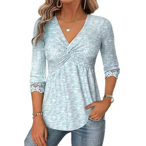Flamingals Space Dye Twist Front Contrast Lace Three Quarter Sleeve V Neck T-Shirt