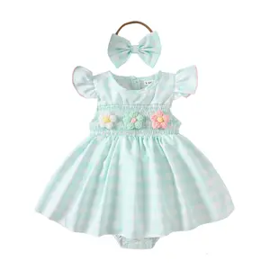 Newborn Baby Girls' Fresh Mint Green Gingham Dress, Flower Applique & Ruffle Sleeves, Summer Outfit Set