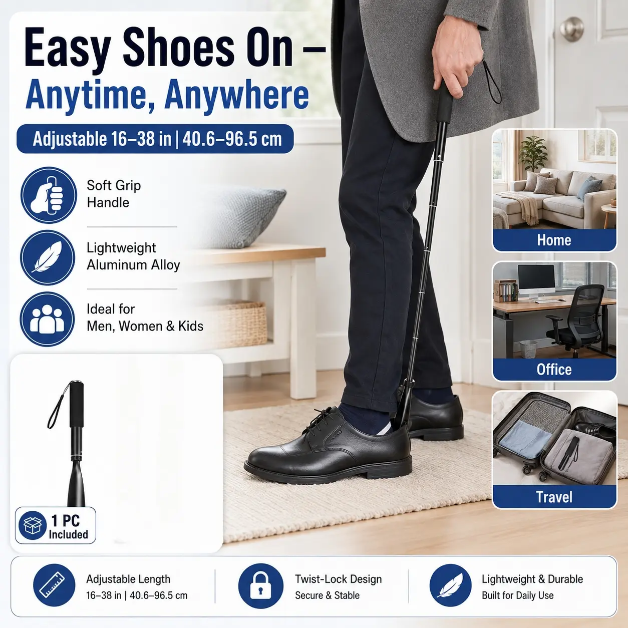 Telescopic Long Handle Shoe Horn 16-38 Inch Adjustable Aluminum Alloy Shoehorn, Durable Shoe Helper Aid with Soft Grip & Hanging Strap, Easy Shoe Lifter for Seniors Men Women Kids, Boots Dress Shoes Sneakers Daily Footwear Accessory