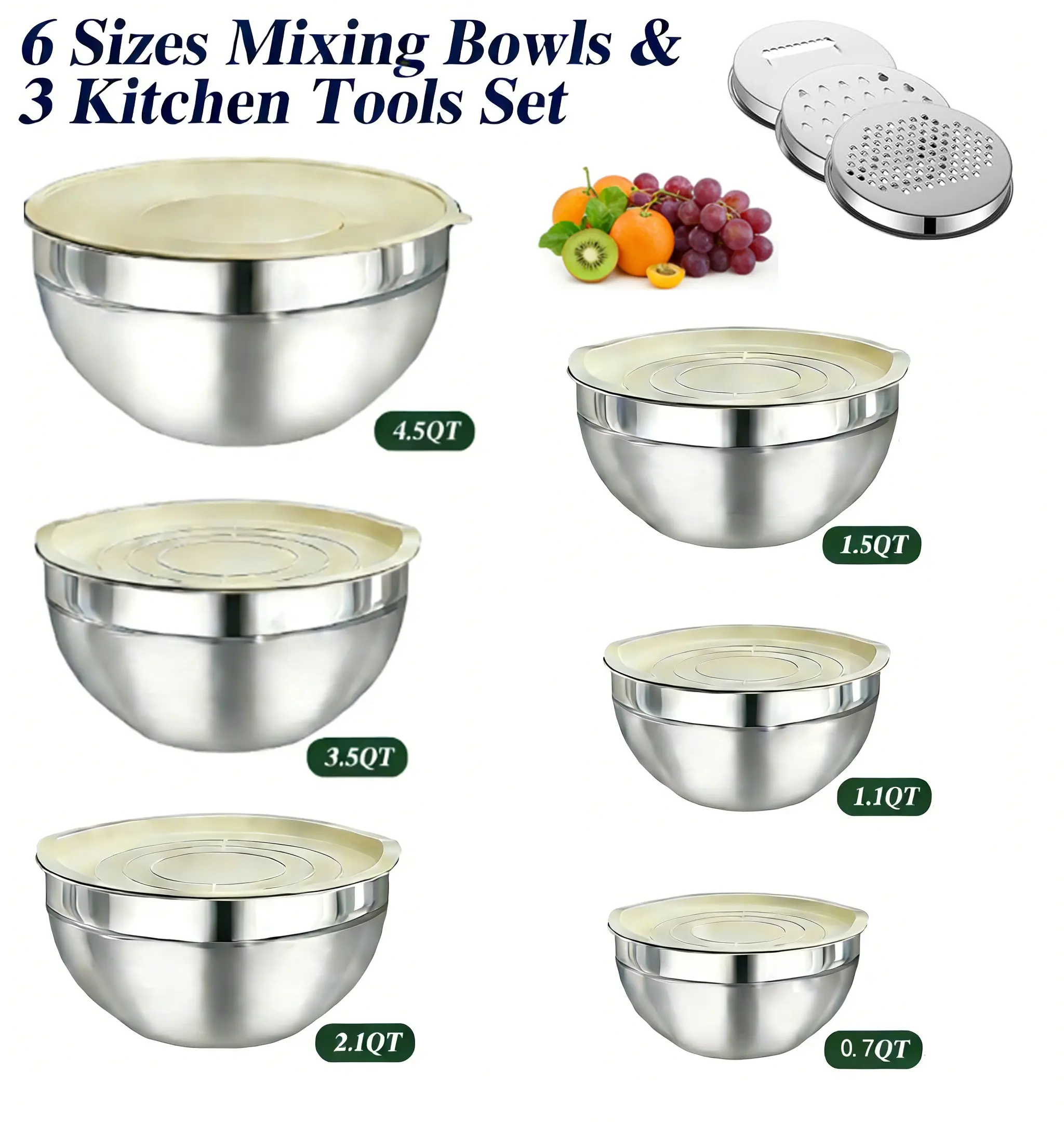 9pcs Stainless Steel Mixing Bowls Set with Lids Set, Nesting Storage Bowls for Kitchen with 3 Greater Attachement, Size 4.5, 3.5, 2.1, 1.5, 1.1, 0.7 QT for Salad Cooking Home Tableware,summerwins