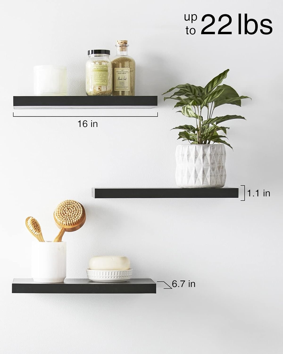 Set of 3 Floating Wall Shelves in Black - Rustic Wood Shelves for Bathroom, Bedroom, Living Room, and Kitchen. Wooden