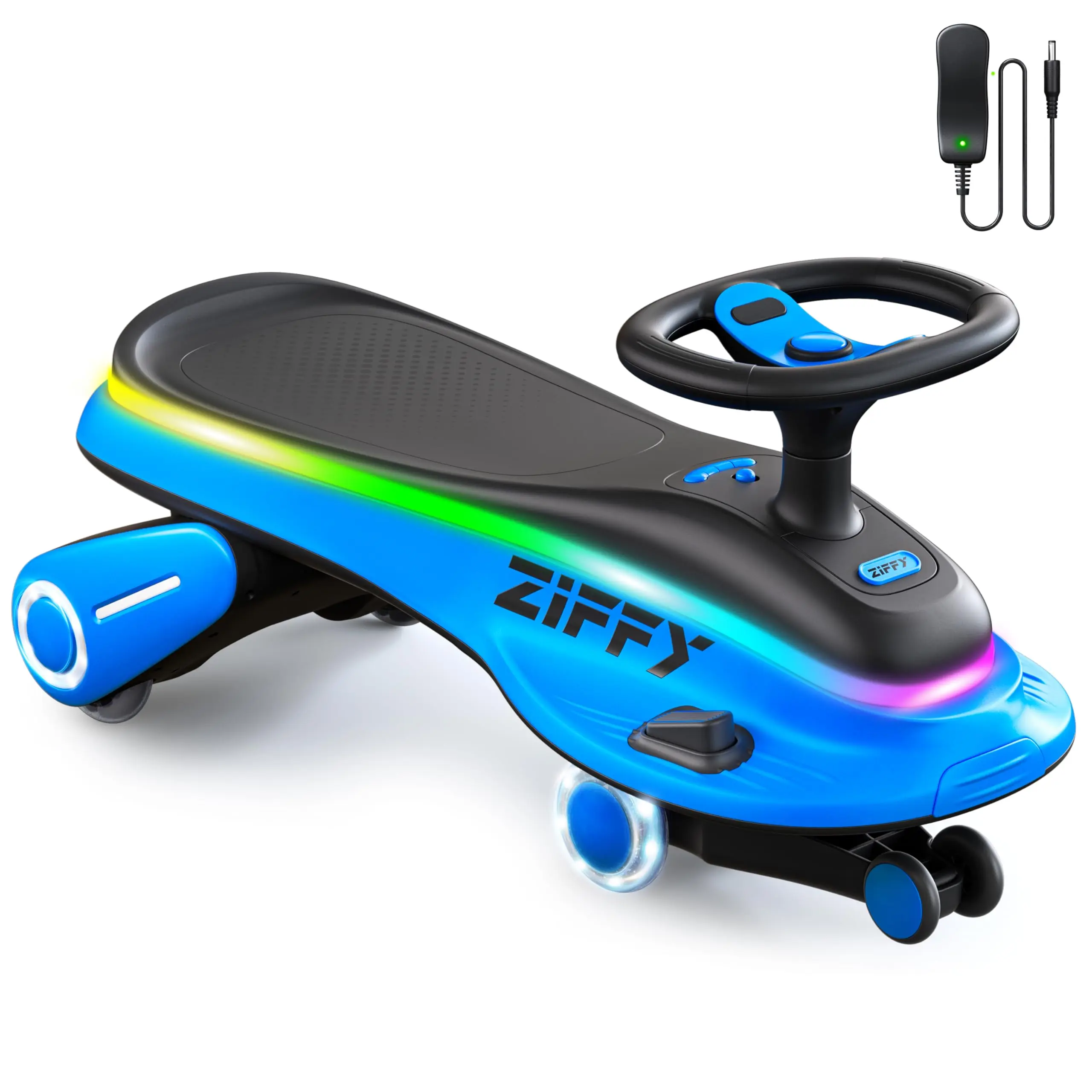 JOVA ZIFFY 45W 5.5A Electric Wiggle Car with Pedal, Light-Up, Rechargeable Battery, 2-in-1 Swing Car, 2 Speed Ride-On Toy, Anti-Rollover, Flashing Wheels, for Ages 3+ (Up to 110 lbs)