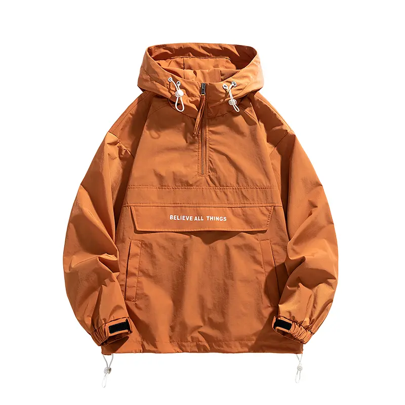 Men's quarter zips Windbreaker Jacket , Lightweight Hooded Coat with Drawstring Hem and Side Pockets, Suitable for Teens and Adults, Streetwear Outdoor Sports Jacket,  All-Season Casual Jacket, Menswear Stylish  Longsleeves