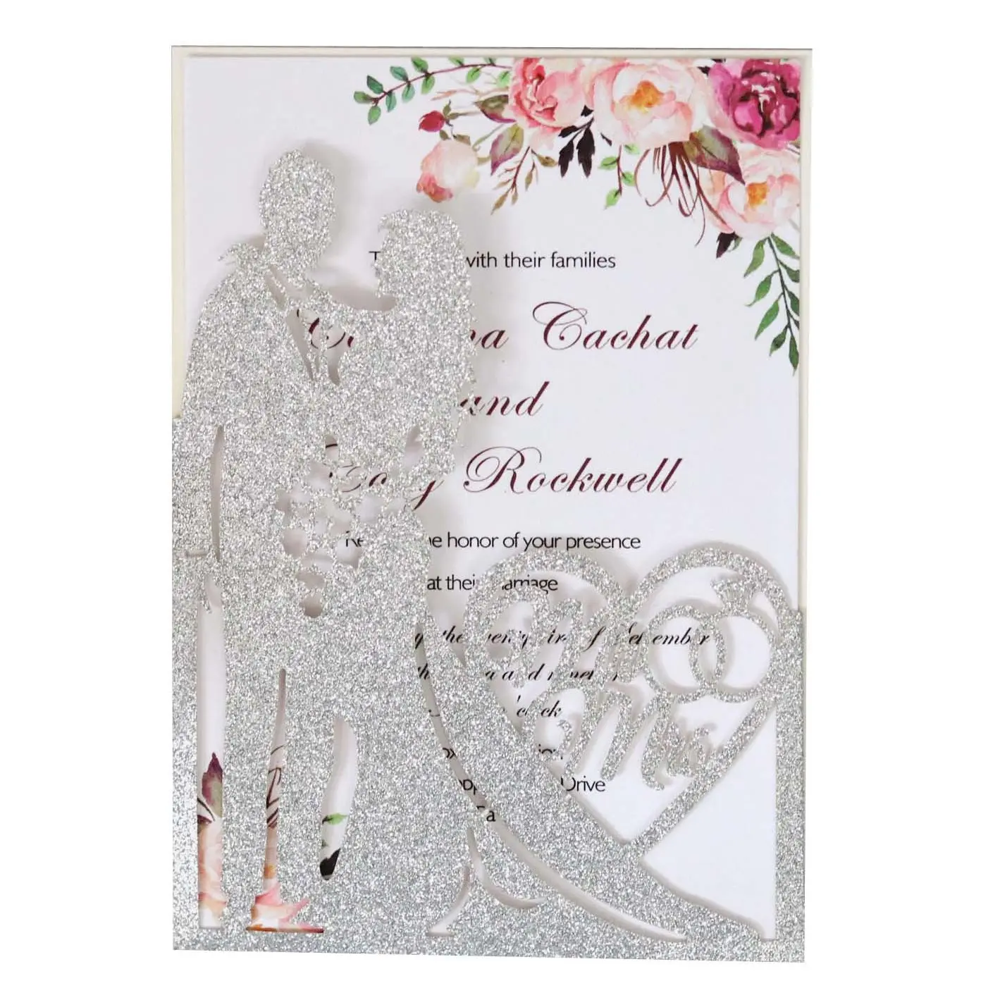 Wedding Invitation Paper Cards - Golden Glitter Laser-Cut, Heart Design - Home Supplies, Dainty Couple Wedding Supplies for Nuptial Events