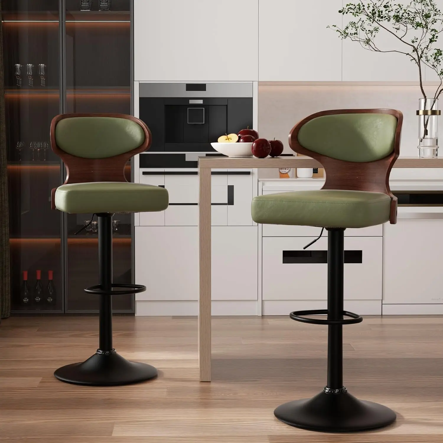 Luxanimarion Modern 360° Rotating Swivel Bar Stools Set of 2, PU Leather Upholstered Bentwood Bar Chairs with Back, Footrest & Anti-Scratch Rubber Ring, Adjustable Height 24.5-33.5IN, 550 lbs Capacity for Kitchen Island, Coffee Shop