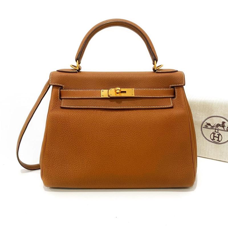 Pre-owned HERMÈS TOGO Top Handle Bags Kelly 28 Retourné in brown Leather with Gold Hardware (A Stamp)