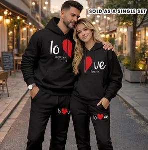 Couple's LOVE Print Hooded Sweatshirt and Drawstring Sweatpants Set (Sold as a Single Set), Casual Sportswear, Long-Sleeve Hooded Jacket and Pants, Suitable for Autumn and Winter, Everyday Wear, Tracksuit, Casual Athletic Wear