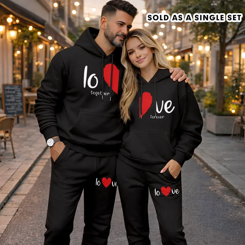 Couple's LOVE Print Hooded Sweatshirt and Drawstring Sweatpants Set (Sold as a Single Set), Casual Sportswear, Long-Sleeve Hooded Jacket and Pants, Suitable for Autumn and Winter, Everyday Wear, Tracksuit, Casual Athletic Wear