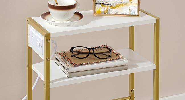 HOOBRO Small Narrow Side Table with Charging Station, Skinny End Table for Small Spaces, Slim Nightstand with USB Ports Outlet, Sofa Beside Table with Storage Shelf