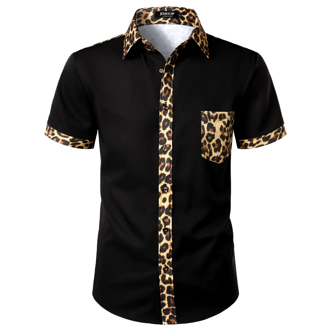 JEMITOP Men's Retro Leopard Print Short-Sleeve Button-Front Shirt, Slim-Fit Stretchy Casual Menswear with Chest Pocket, Stretch Fabric, Shortsleeve