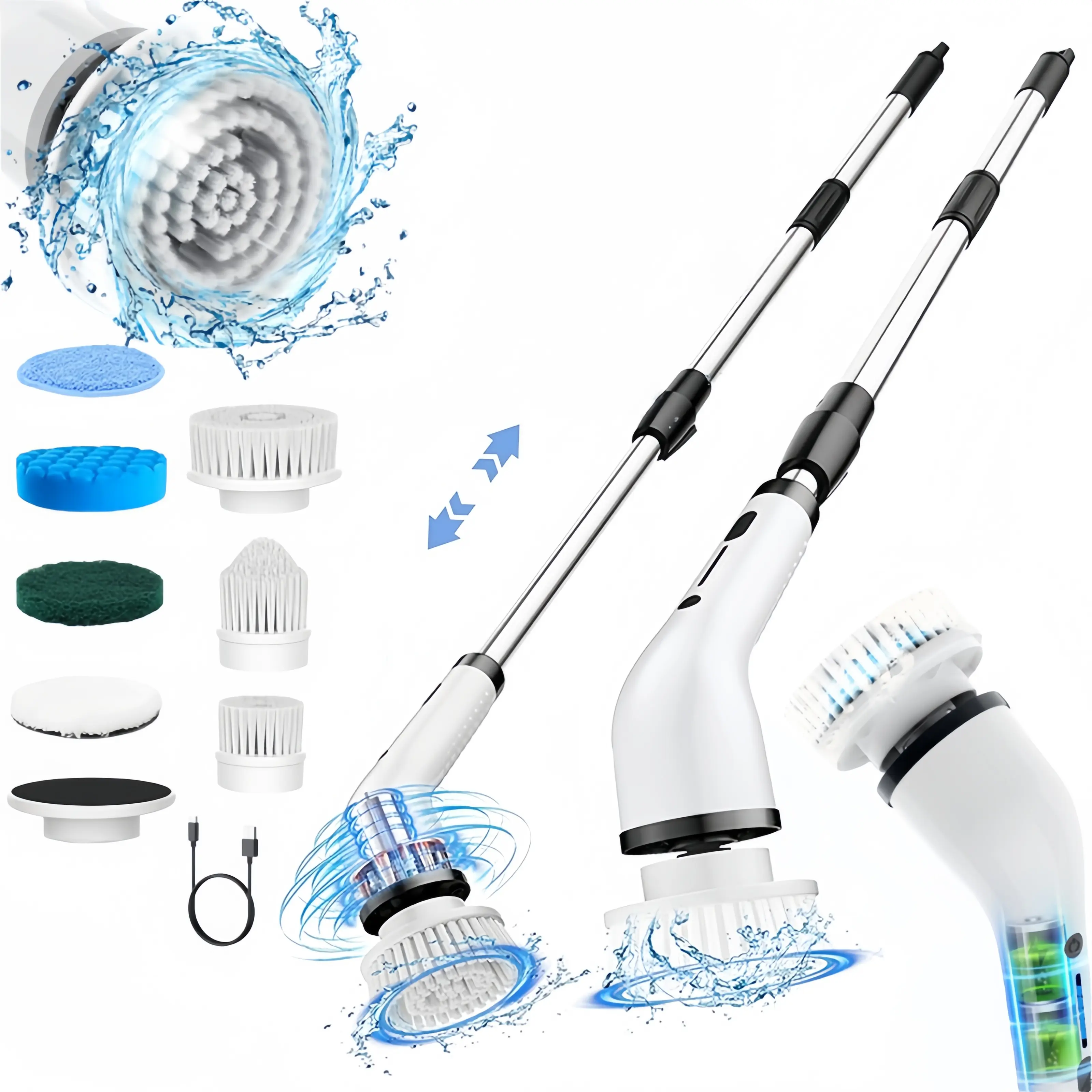 Cordless Electric Spin Scrubber - Shower Floor Scrubber Cleaning Tool with 8 Replaceable Brush Heads, 3-Length Extendable Handle, Dual Speed, IPX7 Waterproof LED Display, Tools and Gadgets for Bathroom, Kitchen