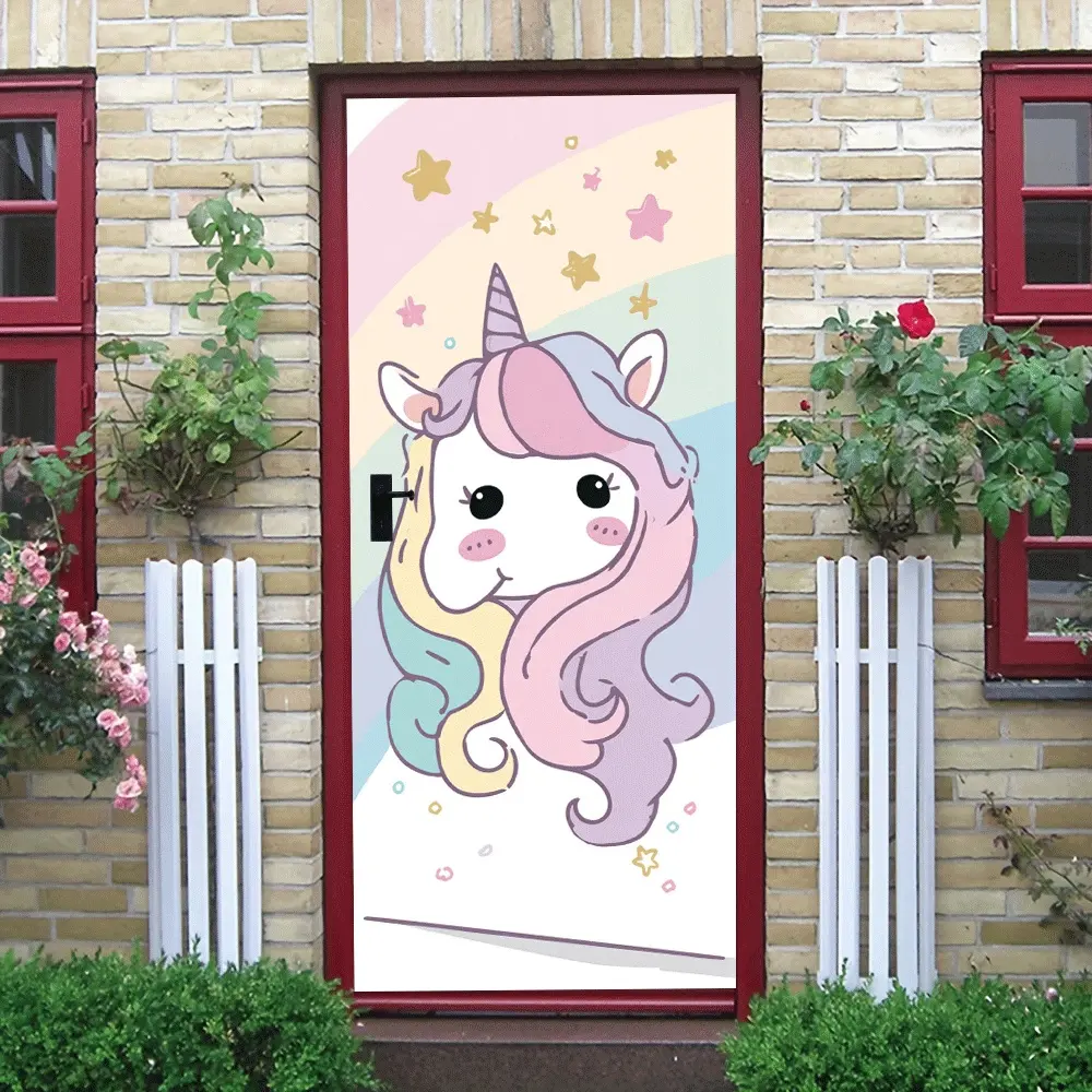 2pcs Cute Unicorn Rainbow Wall Stickers for Kids Room Bedroom Decor Cartoon Star Door Stickers Self Adhesive Removable Waterproof Eco Friendly PVC Material Boys Girls Room Wall Decoration Stickers Kind