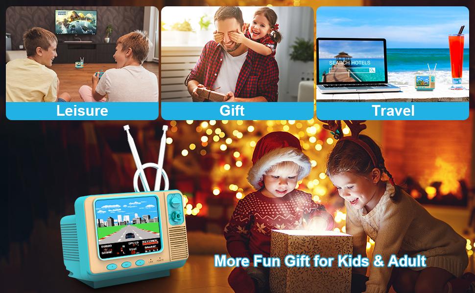 GV300S Mini TV Game Console 308 Games 3 Inch Screen Portable Gaming System for Kids & Gamers Blue Retro Video Games Player with TV Output & 2 Players Mode Xmas Gift