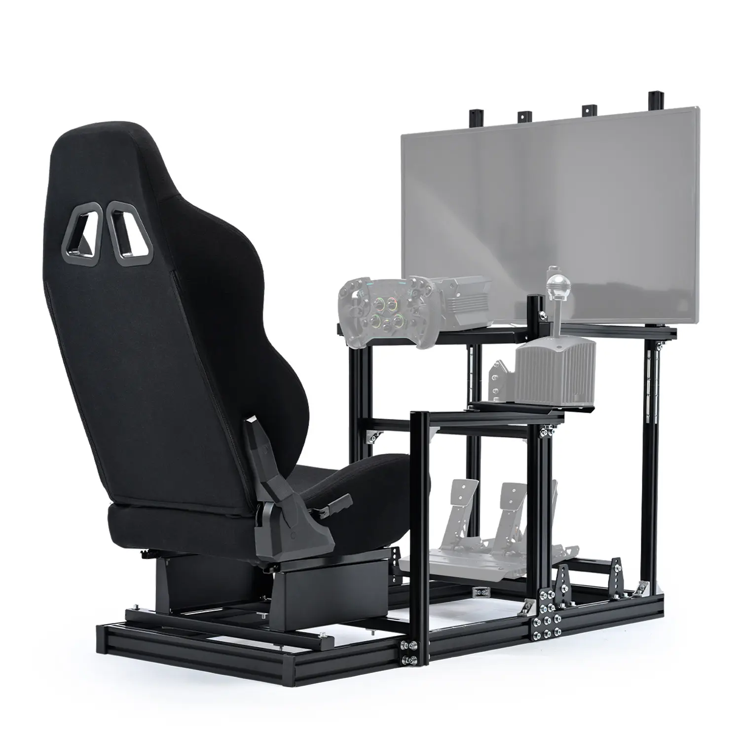 Dardoo Fully DIY-Friendly Aluminum Racing Simulator Cockpit with Black Seat, Steering Wheel Mounts, Monitor Stand - Fits G29,G920,G923,T500,T818,T80,T128,T300,R9; Supports 27"-65" Screens, Electronic Devices Not Included, R5, Dual‑Track Seat Slide