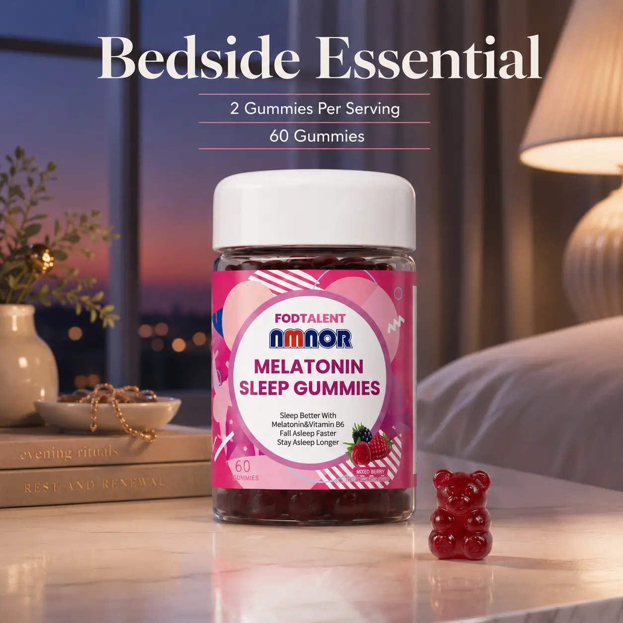 NMNOR Chewable Melatonin Gummies with Vitamin B6 - Gluten-Free, GMO-Free, FDA Registered, Natural Blend, Sleep Support, Night Routine Supplement, 2 per Serving, Mixed Berry, 60 Gummies per Bottle, Supplement Routine, Adults, Single Item