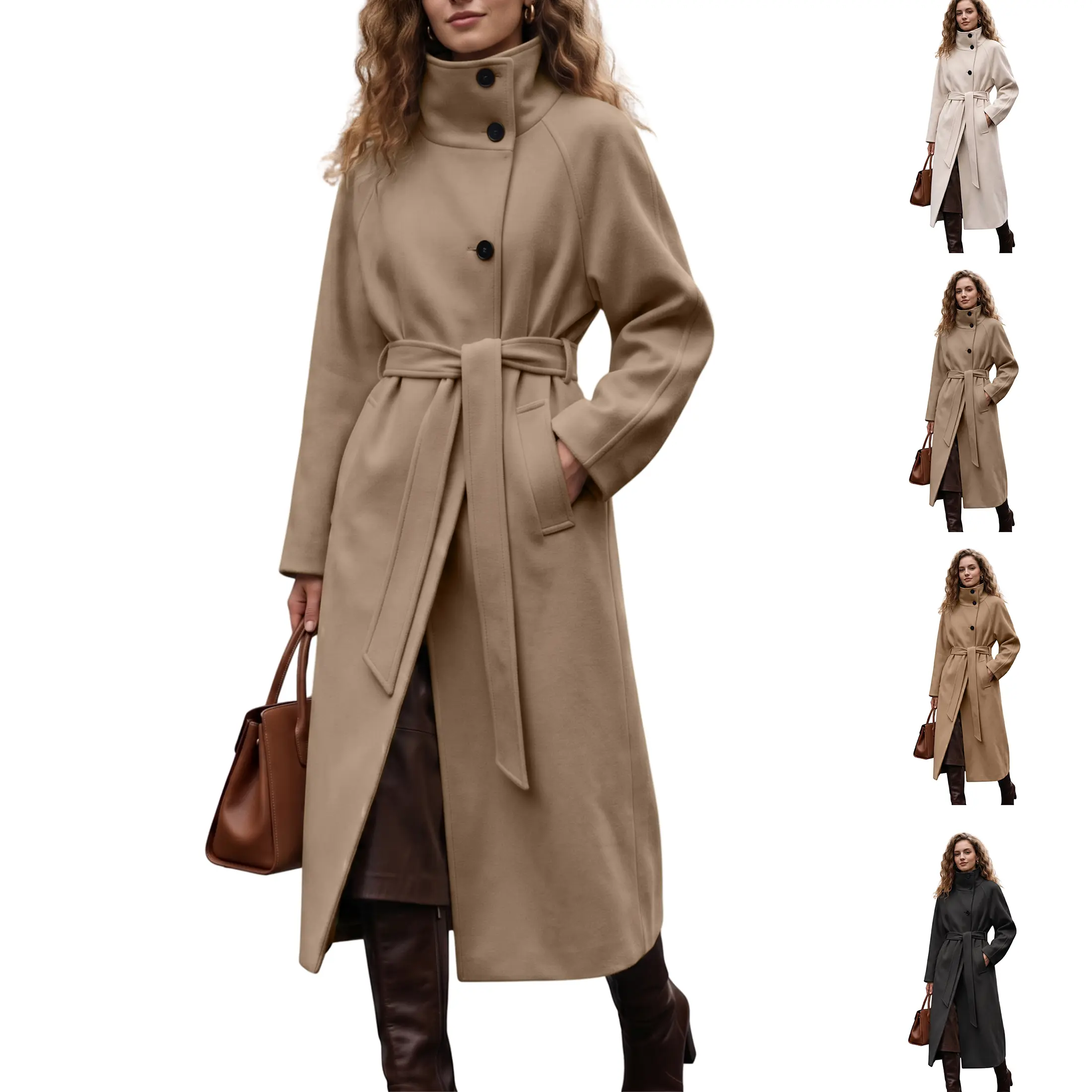 Wandal Women's High Neck Wool Blend Long Sleeve Belted Midi Single-Breast Winter Jackets - Elegant Minimalist Casual Outerwear for Office Commute OOTD
