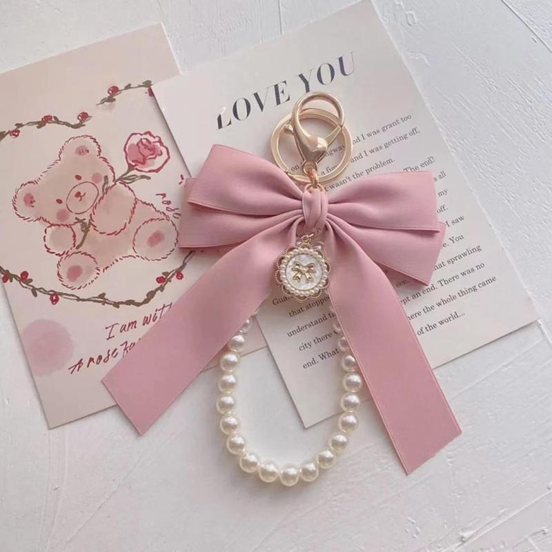 Pearl Bow Keychain, Cute Pink Bowknot & Pearl Keyring Charms, Aesthetic Keychain