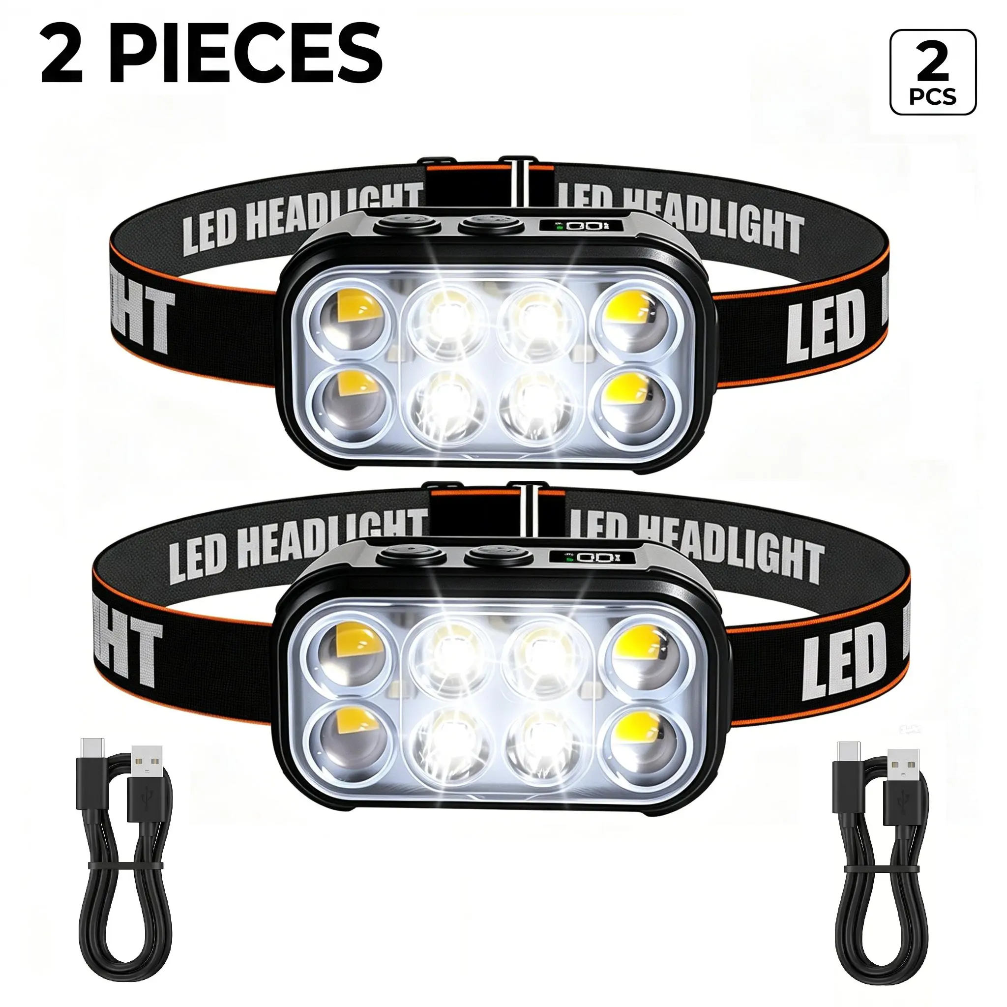 Motion Sensor LED Headlamp 2-Pack with Smart LCD Battery Display, 2.1oz Ultra-Light Rechargeable Headlight, 6 Modes Red Light for Camping, Running, Fishing, Lights, Cool Tech Gadgets