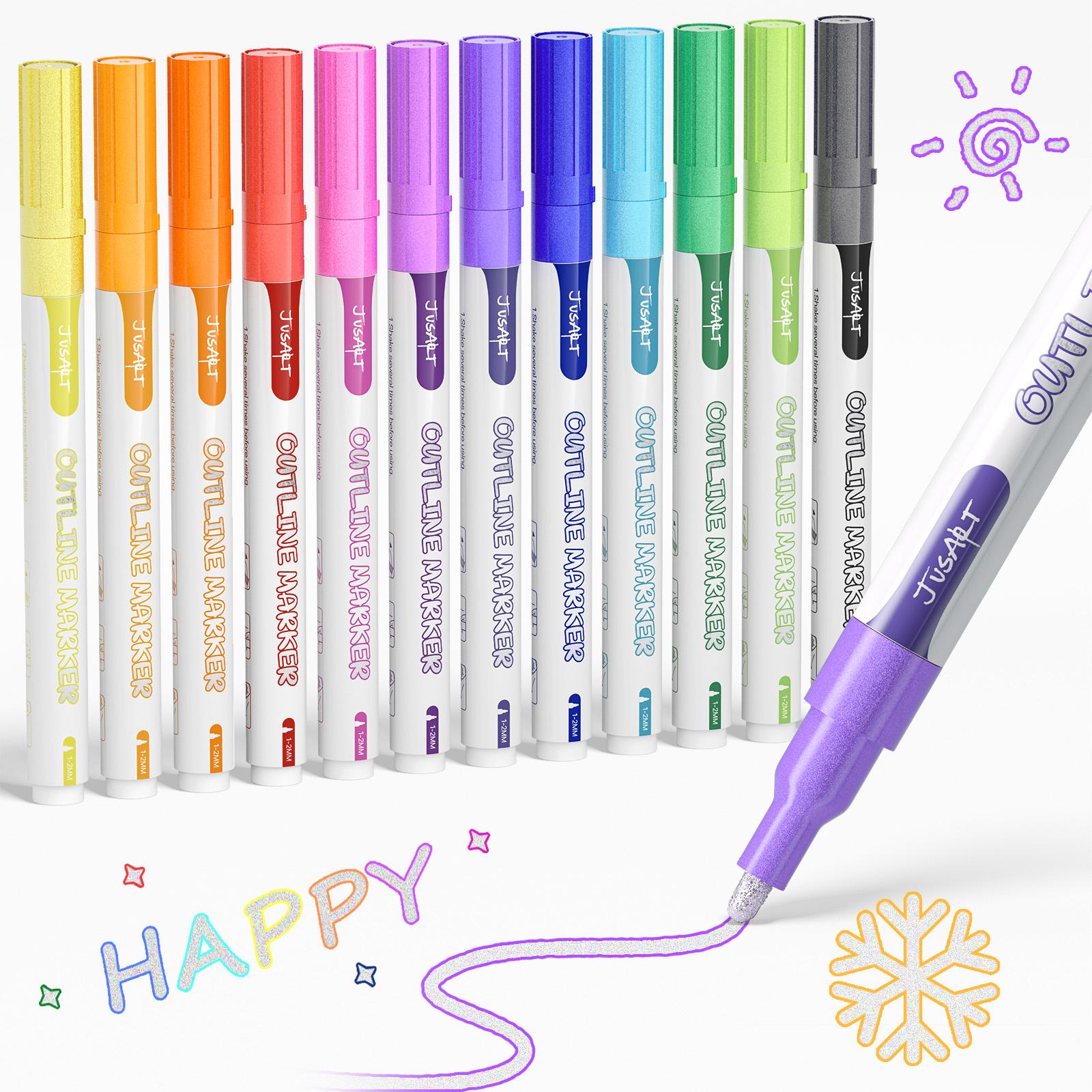 JusArt Outline Sparkle Markers, 12/18 Metallic Shimmer Pens for Adult Coloring, Cool Fun Drawing Supplies for Valentines Day, Easter, Christmas, Halloween