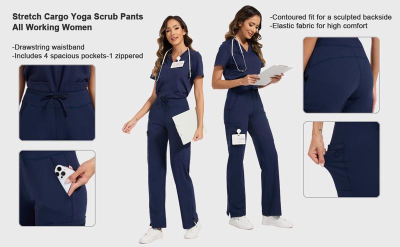 Kecols High Rise Yoga Scrub Pants Women - Straight Leg Uniform Pants with Cargo Pocket, Anti-Wrinkle & Knit Yoga Waistband 5 Pockets&4-Way Stretch