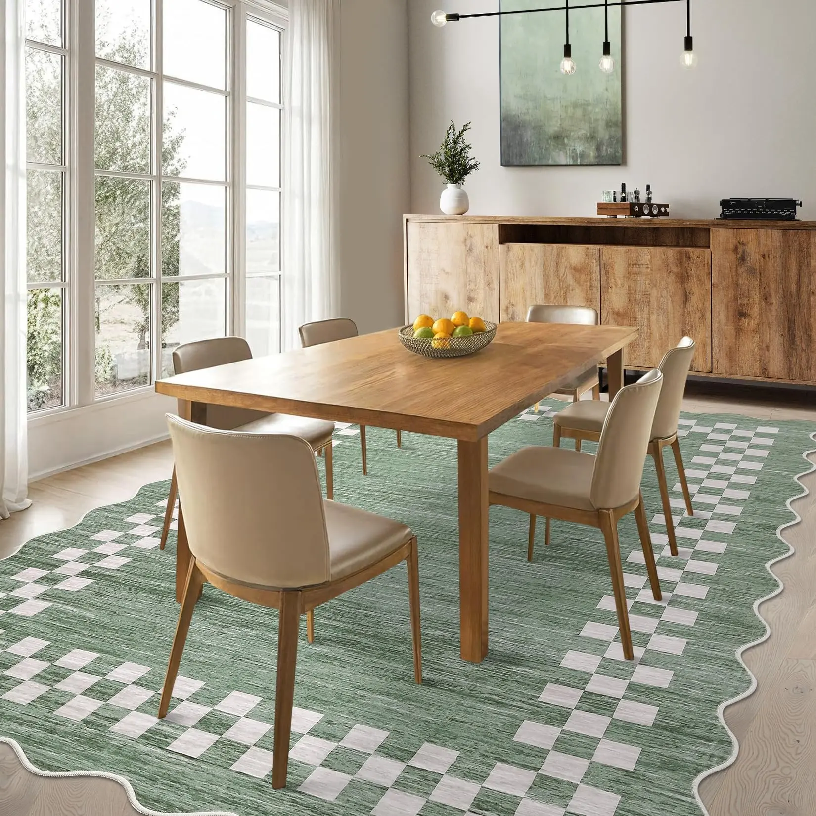 Garvee 4x6 Area Rug Small Washable Living Room Rug Scalloped Rug with Rubber Backing Stain Resistant Low Pile Dining Room Throw Carpet Modern Bordered Mat for Bedroom Kitchen, Green