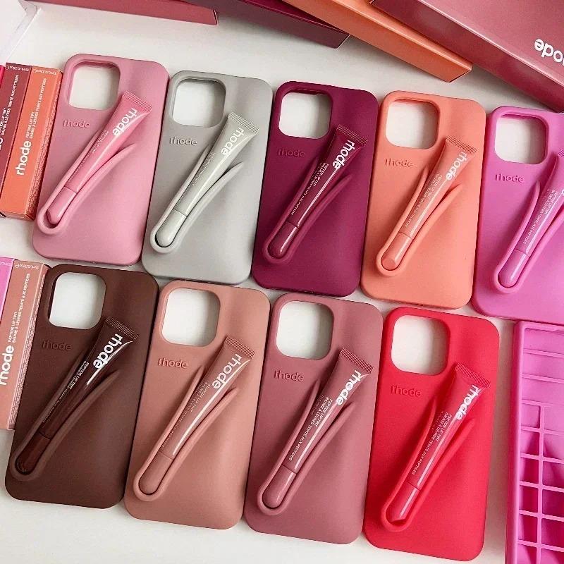 RHODE Minimal Chic Makeup Phone Case with Built-In Lip Treatment Storage for iPhone 11 12 13 14 15 16 17, Stylish Protective Back Cover, Cute Beauty Phone Case for Everyday Use