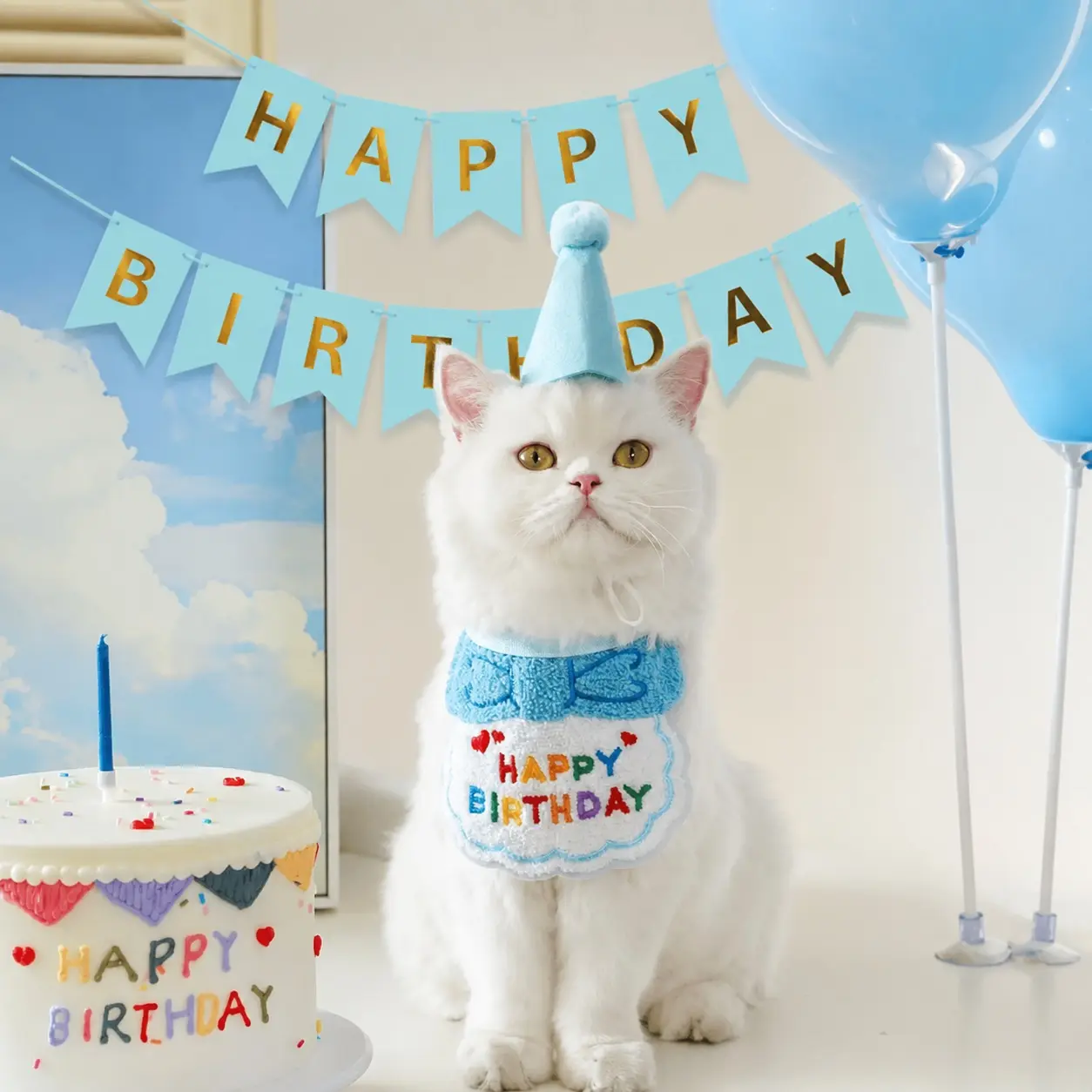 Cat Birthday Party Set – Cute Pet Birthday Hat, Bib & Banner Decoration Kit