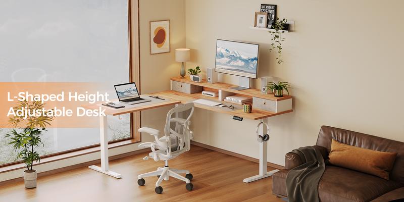 Agilestic L Shaped Standing Desk with Drawers & Monitor Shelf, Electric Height Adjustable Corner Desk, Ergonomic Home Office Computer Desk with Hooks & Cable Management,Black/Rustic Brown/White/Light Rustic Brown