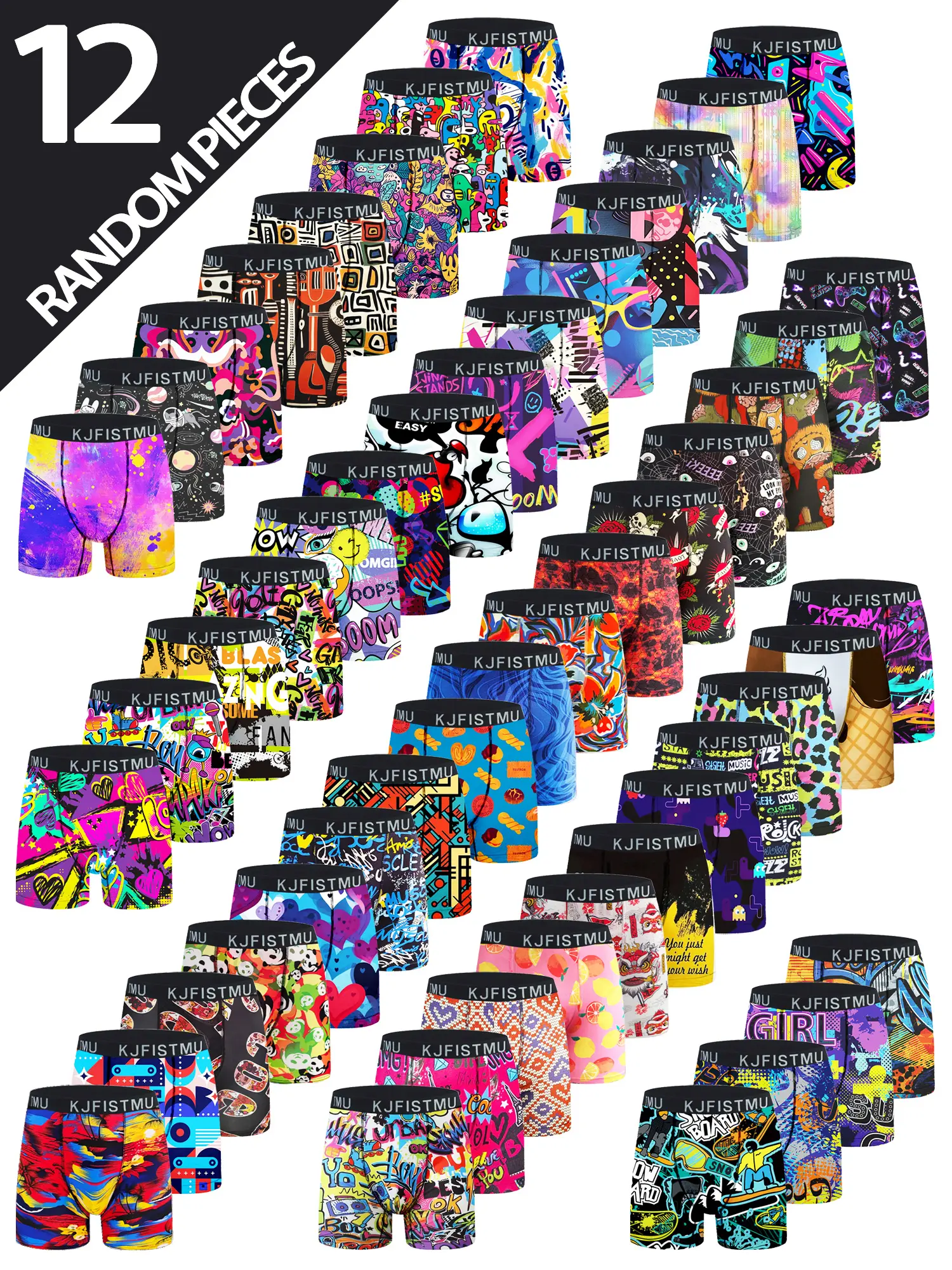KJFISTMU Menswear Men's Boxer Briefs (12pcs Assorted), Bold Graffiti Look & Camo Print, Breathable, Moisture-Wicking, Anti-Slip, No-Roll-Up Design for Office to Gym, Fitness