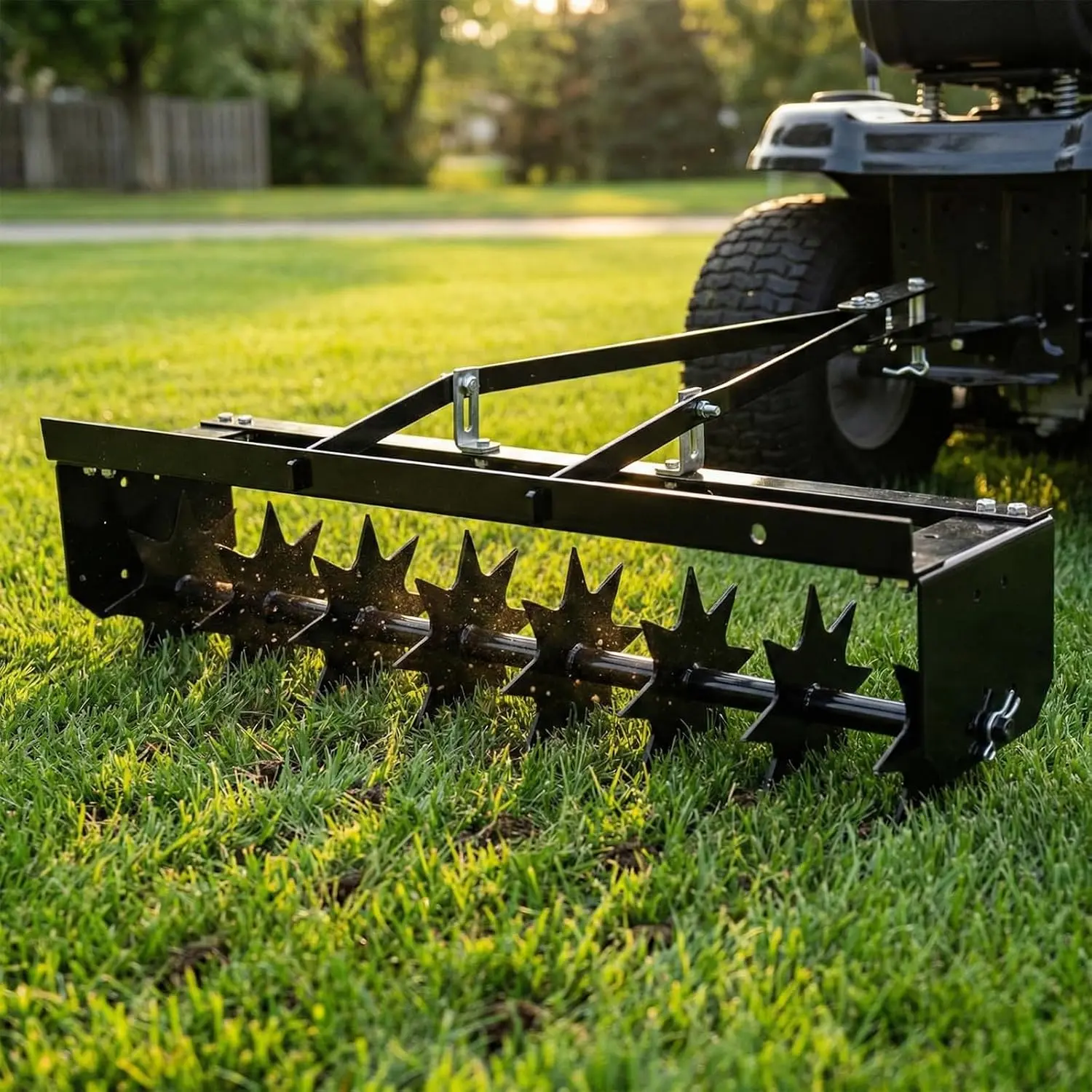 Tow Behind Spike Aerator with Transport Wheels, Soil Penetrator Spikes Tractor, 31 Inch with Galvanized Steel Tines and Wide Tow Bar, Black Lawn Aerator, Universal Hitch for Home Yard Farm Use